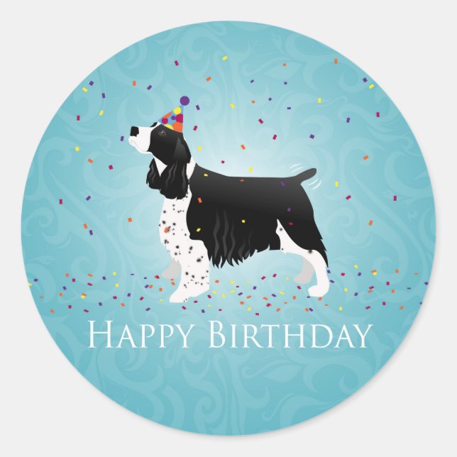 Adesivo Redondo Design Inglês Springer Spaniel Birthday. (Frente)