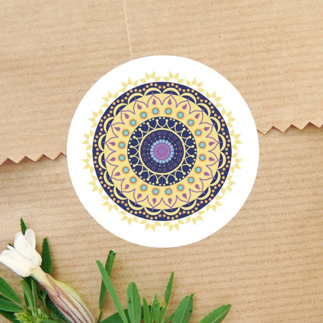 Adesivo Redondo Design Modern Mandala Simples (Navy blue, yellow, teal, and purple unique mandala design. )