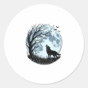 Adesivo Redondo Design Silhueta da Árvore da Lua Uivando Lobo Vint