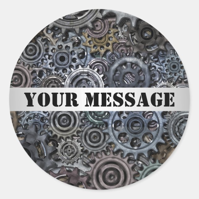 Adesivo Redondo Design Steampunk de engrenagens metálicas personal (Frente)