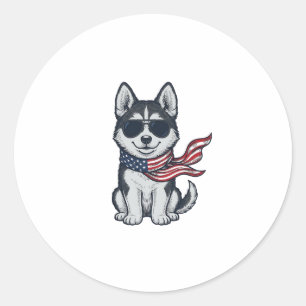 Adesivo Redondo Design Vetorial de Cachorro Husky Patriótico Vinta