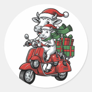 Adesivo Redondo Design Vintage de Patinete de Vaca de Natal Engraç
