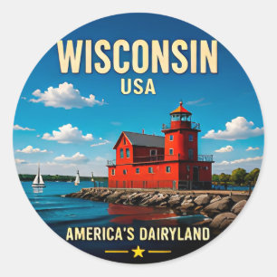 Adesivo Redondo Destino de Viagem Wisconsin Lago Michigan 🟡