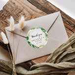 Adesivo Redondo Destino Geométrico Obrigado Favor De Casamento<br><div class="desc">Este obrigado de destino geométrico que você fez para o casamento... O colega clássico de redondezas é perfeito para um casamento tropical. O design apresenta palma verde-aquarela pintada à mão e folhas de bananeira bem organizadas em belos buquês, enfeitando um quadro geométrico dourado. Faça com que a etiqueta do adesivo...</div>