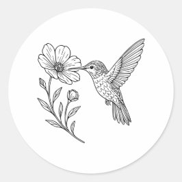 Adesivo Redondo Detailed Hummingbird Line Art with Wildflower