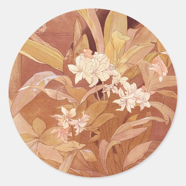 Adesivo Redondo Detalhe Floral Alphonse Mucha Art Nouveau (Frente)