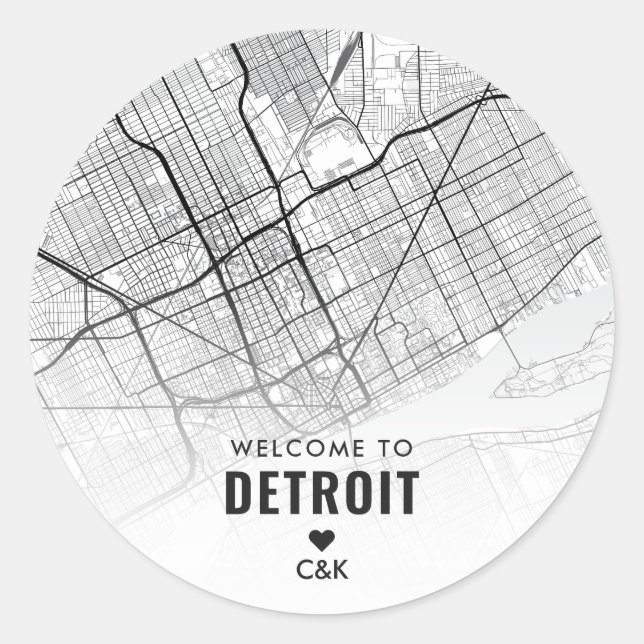 Adesivo Redondo Detroit, Mapa da Cidade de Michigan | Boas-vindas (Frente)