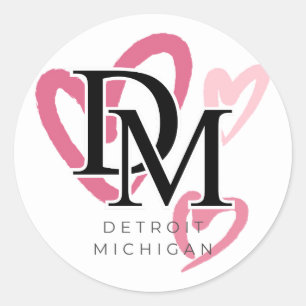 Adesivo Redondo Detroit Michigan Pink Hearts