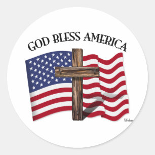 Adesivo Redondo DEUS ABENÇOE A AMÉRICA com cruz robusta & bandeira