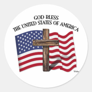 Adesivo Redondo DEUS ABENÇOE OS ESTADOS UNIDOS DA AMÉRICA cruz ban