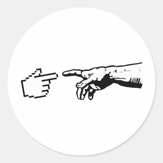 Adesivo Redondo Deus e as mãos da máquina (Frente)