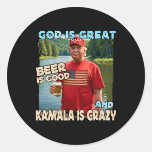 Adesivo Redondo Deus É Cerveja Excelente É Boa E Kamala É Louca