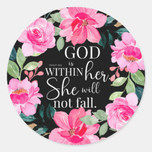 Adesivo Redondo Deus está dentro dela - Psalm 46:5 Pink Floral