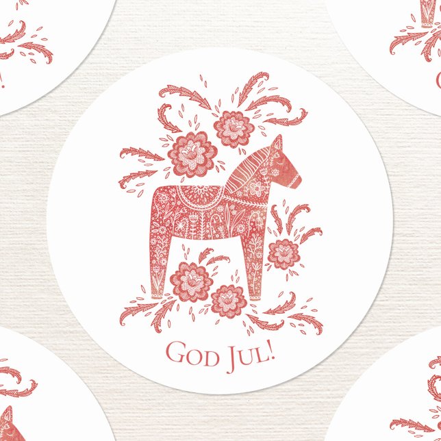 Adesivo Redondo Deus Jul Dala Horse Red Holidays (Swedish Dala Horse red and white God Jul sticker)