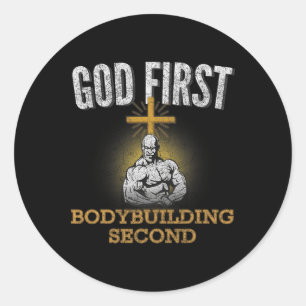 Adesivo Redondo Deus Primeiro Criador de Bacalhau Segundo Gym Work