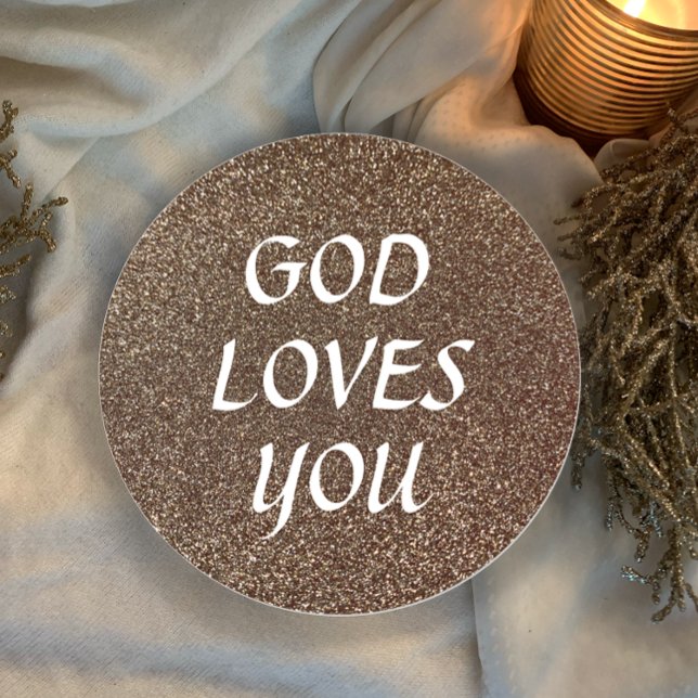 Adesivo Redondo Deus Te Ama O Texto Personalizado Do Presente Cris (Custom text faux gold glitter elegant round sticker. God loves you custom Christian gift.
)