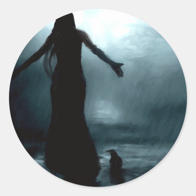 Adesivo Redondo deusa celta morrigan corw raven água da chuva (Frente)