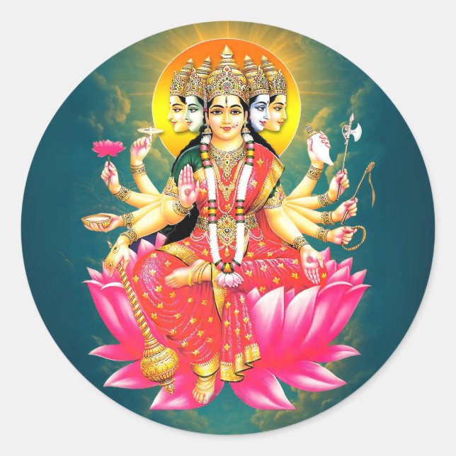 Adesivo Redondo Deusa Gayatri Devi no Lotus Hindu Deity (Frente)