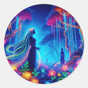 Adesivo Redondo Deusa Neon Forest Of Light Fantasy conto de fadas