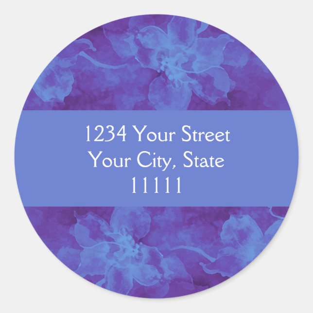 Adesivo Redondo Devolver as flores azuis e roxas de aquarelas (Frente)