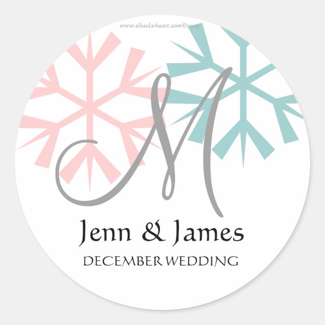 Adesivo Redondo Dezembro Azul Floco de Neve Monograma M Selo (Frente)