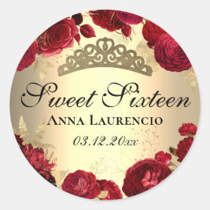 Adesivo Redondo Dezesseis Rosas Florais Vermelhas Douradas