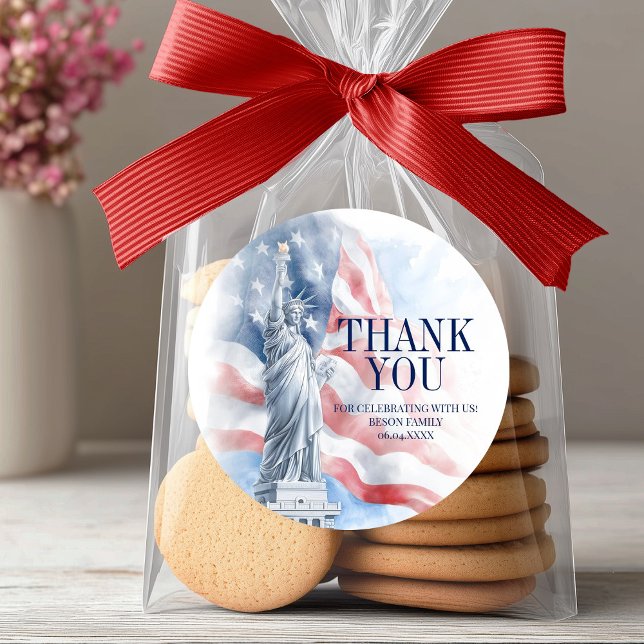 Adesivo Redondo Dia 4 de julho da Independência da América Obrigad (4th July America Independence Day Thank You Favor Classic Round Sticker)