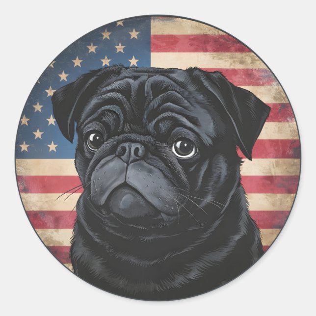Adesivo Redondo Dia da Independência, 4 de julho, "Pug Sticker" Pa (Frente)