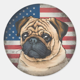 Adesivo Redondo Dia da Independência, 4 de julho, "Pug Sticker" Pa