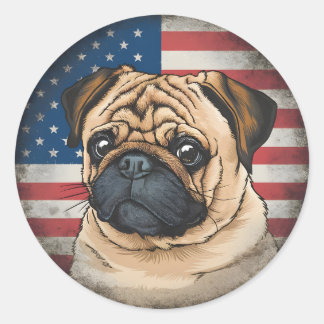 Adesivo Redondo Dia da Independência, 4 de julho, "Pug Sticker" Pa