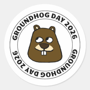 Adesivo Redondo Dia da Marmota 2026 com rosto de Marmota