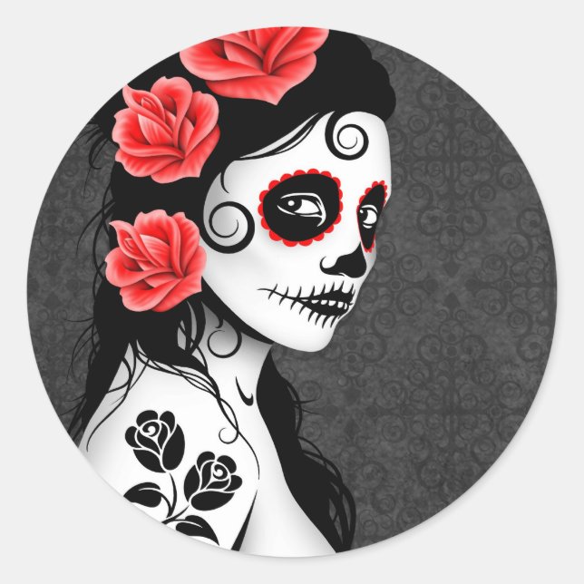 Adesivo Redondo Dia da Menina do Crânio do Açúcar Morta - cinzas (Frente)