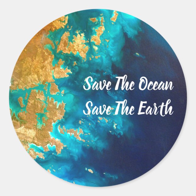 Adesivo Redondo Dia da Terra Dourada e Azul Moderno (Frente)