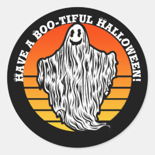 Adesivo Redondo Dia das Bruxas Fantasma Tenha um Retro Vintage Boo