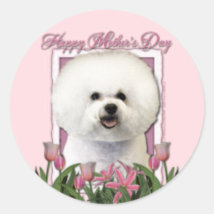 Adesivo Redondo Dia das mães - tulipas cor-de-rosa - Bichon Frise