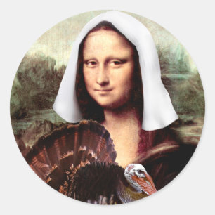 Adesivo Redondo Dia de Ação de Graças Mona Lisa Peregrino com Peru