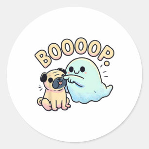 Adesivo Redondo Dia de as Bruxas engraçado Ghost Pug Boop Bobo Pup