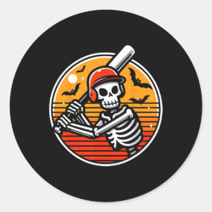 Adesivo Redondo Dia de as Bruxas engraçado Skeleton Baseball Playe