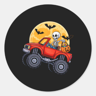 Adesivo Redondo Dia de as Bruxas engraçado Skeleton Monster Truck