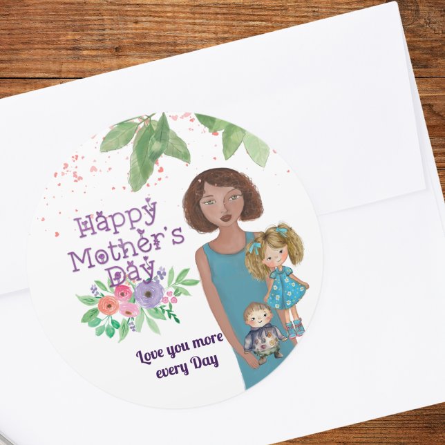 Adesivo Redondo Dia de as mães FELIZ | Mãe e filhos ( HAPPY MOTHER'S DAY _ Mother & kids Classic Round Sticker)