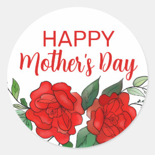 Adesivo Redondo Dia de as mães Feliz Rosa vermelha Floral