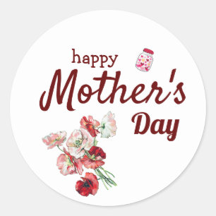 Adesivo Redondo Dia de as mães feliz, tipografia com flores verme