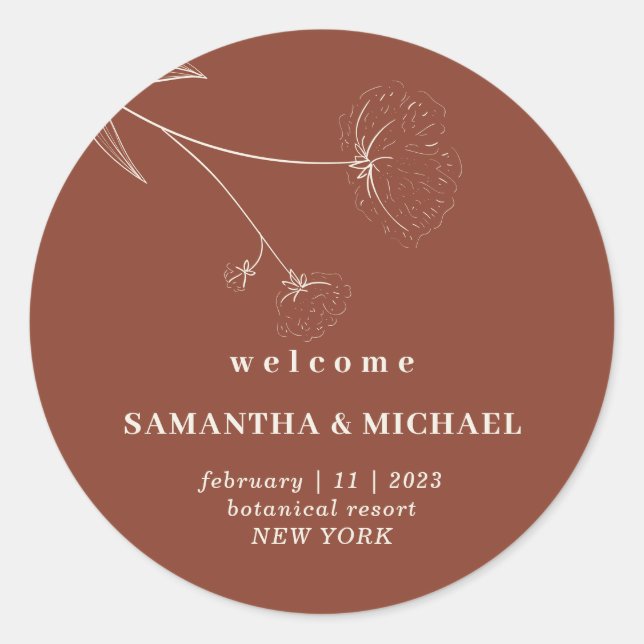 Adesivo Redondo Dia de casamento bem-vindo terracota floral algodã (Frente)