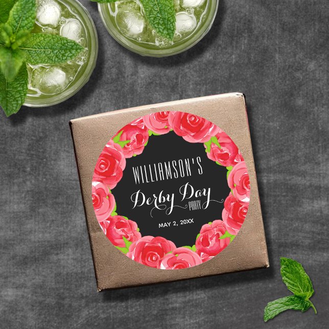 Adesivo Redondo Dia de Derby das Rosas vermelhas de Aquarela (Watercolor red roses Derby Day round stickers - in 2 sizes)
