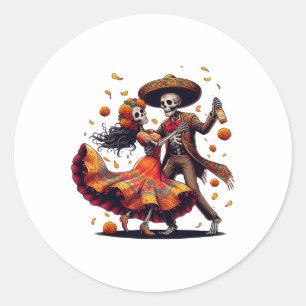 Adesivo Redondo Dia De Los Muertos Skeletons Dançando Dia Mexicano