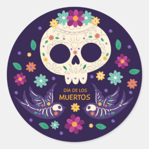 Adesivo Redondo Dia de los Muertos - Skull, Flowers and Birds