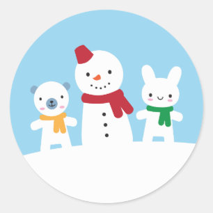 Adesivo Redondo Dia de Neve Kawaii com Coelho e Urso
