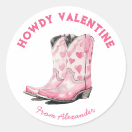 Adesivo Redondo Dia de os namorados de Howdy Boot Cowboy Rosa-Cor-