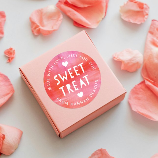 Adesivo Redondo Dia de os namorados Pintado de Tratamento com Swee (round sticker for Valentine's Day painted pink and red "sweet treat" sticker with white hearts)