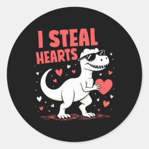 Adesivo Redondo Dia de os namorados T-rex I Roubar Corações Dinoss